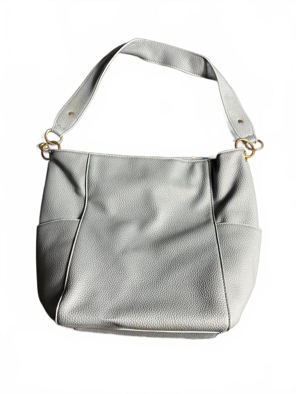 Gray Leather Shoulder Bag with Gold Hardware